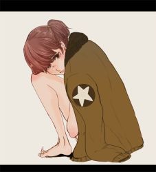 Rule 34 | 10s, 1girl, alisa (girls und panzer), bad id, bad twitter id, bomber jacket, brown eyes, brown hair, earrings, female focus, freckles, full body, girls und panzer, jacket, jacket on shoulders, jewelry, kamaboko tarou, hugging own legs, letterboxed, simple background, solo, white background