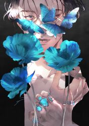 Rule 34 | 1boy, anemone (flower), black background, black hair, black shirt, blue butterfly, blue eyes, blue flower, blue gemstone, bug, butterfly, closed mouth, expressionless, fingernails, flower, gem, highres, holding own wrist, insect, jewelry, looking at viewer, male focus, multiple rings, one eye closed, one eye covered, original, ring, shirt, short hair, signature, simple background, solo, turquoise (gemstone), upper body, yue (memento1113)