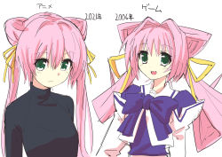 Rule 34 | 1girl, :3, absurdres, bow, double bun, green eyes, hair bun, hair ears, hair intakes, highres, long hair, looking at viewer, multiple views, muv-luv, muv-luv alternative, muv-luv alternative (anime), open mouth, pink hair, purple bow, school uniform, simple background, sketch, smile, tamase miki, tatuo labo, translated, twintails, white background
