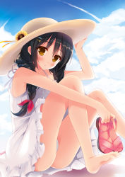 Rule 34 | 1girl, arm up, ass, bare arms, bare shoulders, barefoot, black hair, blush, braid, brown eyes, cloud, day, dress, feet, flower, from side, full body, hair between eyes, hair ornament, hair over shoulder, hair ribbon, hairclip, hand on headwear, hat, hat flower, hat ribbon, hisama kumako, holding, holding shoes, hyuga yuuhi, legs, long hair, looking at viewer, orange ribbon, original, outdoors, red ribbon, ribbon, sandals, shoes, unworn shoes, sitting, sky, sleeveless, sleeveless dress, solo, twin braids, twintails, white dress