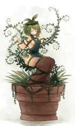 Rule 34 | 1girl, bare arms, bare shoulders, blush, breasts, cleavage cutout, closed eyes, clothing cutout, commentary request, grass, green hair, green vest, highres, kaginoni, leaf, leaf on head, medium breasts, mini person, minigirl, monster girl, original, parted lips, plant girl, plant roots, pointy ears, pot, short hair, sideboob, sitting, smile, solo, vest