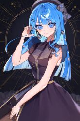 Rule 34 | 1girl, bare arms, beret, black bow, black dress, black hat, blue eyes, blue hair, blunt bangs, blush, bow, breasts, brown pantyhose, cleavage, collared dress, colored inner hair, dress, earrings, flower, hair flower, hair ornament, hat, hat bow, highres, hololive, hoshimachi suisei, hoshimachi suisei (maid), jewelry, light blue hair, long hair, looking at viewer, medium breasts, multicolored hair, official alternate costume, official alternate hairstyle, pantyhose, potepotechi, sash, see-through, see-through cleavage, side slit, skirt cutout, smile, solo, star (symbol), star in eye, symbol in eye, virtual youtuber, yellow sash, zipper pull tab