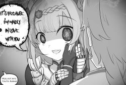 Rule 34 | 1boy, 1girl, aether (genshin impact), alph (sancheck), armor, blush, boobplate, breastplate, combat maid, crazy smile, earrings, empty eyes, english text, gacha, genshin impact, greyscale, hand on another&#039;s face, holding hands, jewelry, maid, monochrome, noelle (genshin impact), profanity, short hair, simple background, smile, speech bubble, white background, yandere