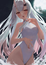 Rule 34 | 1girl, absurdres, bare arms, bare shoulders, blush, covered navel, cowboy shot, finger to mouth, hand on own stomach, highleg, highleg swimsuit, highres, hololive, horns, long hair, looking at viewer, moon, multicolored hair, nail polish, nakiri ayame, night, night sky, one-piece swimsuit, red eyes, red nails, rikkusu, skin-covered horns, sky, solo, streaked hair, swimsuit, teeth, turtleneck, upper teeth only, virtual youtuber, wading, wet, white hair, white one-piece swimsuit