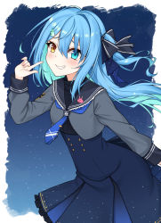 Rule 34 | 1girl, black ribbon, blue eyes, blue hair, blue necktie, blush, commentary, dress, frilled dress, frills, grin, hair between eyes, hair ornament, hair ribbon, hairclip, healther, heterochromia, highres, long hair, long sleeves, looking at viewer, necktie, original, pointing, pointing at self, ribbon, short necktie, sky, smile, solo, star (sky), starry sky, yellow eyes