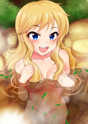 Rule 34 | 10s, 1girl, blonde hair, blue eyes, breasts, idolmaster, idolmaster cinderella girls, leaf, long hair, nude, ohtsuki yui, open mouth, partially submerged, ripples, smile, solo, yasuhito
