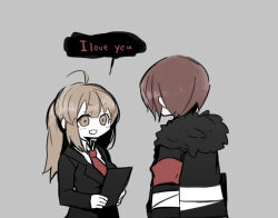 Rule 34 | 1boy, 1girl, ahoge, armband, black jacket, breasts, brown eyes, brown hair, clipboard, collared shirt, commentary request, employee (project moon), english text, formal, grey background, harvest fes, holding, holding clipboard, jacket, light brown hair, lobotomy corporation, long sleeves, necktie, no nose, nothing there, open mouth, ponytail, possessed, project moon, red armband, red necktie, shirt, short hair, simple background, small breasts, suit, v-shaped eyebrows, white shirt