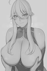 Rule 34 | 1boy, 1girl, ahoge, artoria pendragon (fate), artoria pendragon (lancer) (fate), blush, breasts, breasts out, cleavage cutout, clothing cutout, commentary, elbow gloves, english commentary, fate/grand order, fate (series), gloves, greyscale, groping, hair between eyes, heart, heattech leotard, highres, huge breasts, looking at viewer, lvl (sentrythe2310), mature female, monochrome, sidelocks, skindentation, sleeveless, smile, turtleneck