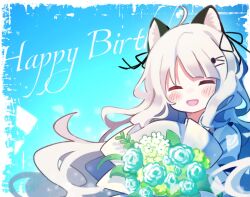 Rule 34 | 1girl, ahoge, akaruku, animal ears, arknights, blue background, blue flower, blue rose, blush, border, bouquet, cat ears, cat girl, closed eyes, commentary, english commentary, flower, gradient background, hair ornament, hairclip, happy birthday, highres, holding, holding bouquet, long hair, mint (arknights), open mouth, rose, shirt, smile, solo, upper body, wavy hair, white flower, white hair, white shirt