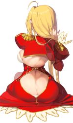 Rule 34 | 10s, 1girl, ahoge, ass, back, back cutout, blonde hair, braid, breasts, butt crack, clothing cutout, dress, epaulettes, fate/extra, fate (series), hands in hair, highres, juliet sleeves, kei (soundcross), large breasts, long hair, long sleeves, nero claudius (fate), nero claudius (fate) (all), nero claudius (fate/extra), puffy sleeves, red dress, simple background, sitting, solo, white background