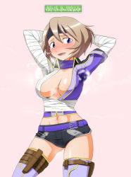 Rule 34 | 1girl, armpits, arms up, blush, breasts, headband, jouwan, metal max, metal max 3, midriff, navel, short hair, simple background, smell, soldier, solo, stain, sweat, sweat stain, tagme