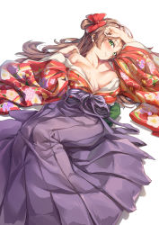 Rule 34 | 1girl, absurdres, blush, breasts, brown hair, dress, flower, girls&#039; frontline, green eyes, hair flower, hair ornament, hair ribbon, hand in own hair, hansal, highres, large breasts, long hair, looking at viewer, lying, medium breasts, official alternate costume, open clothes, open dress, purple skirt, rfb (girls&#039; frontline), rfb (new year&#039;s mvp) (girls&#039; frontline), ribbon, skirt, smile, solo, white background