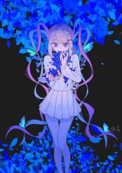 Rule 34 | 1girl, black background, blonde hair, blue bow, blue butterfly, blue eyes, blue hair, blue serafuku, blue shirt, blue skirt, bow, bug, butterfly, chinese commentary, chouzetsusaikawa tenshi-chan, commentary request, feet out of frame, floral background, flower, hair bow, heart, highres, holding, holding flower, insect, long hair, long sleeves, looking at viewer, multicolored hair, needy girl overdose, pink bow, pink hair, pleated skirt, purple bow, quad tails, school uniform, serafuku, shirt, skirt, solo, standing, unworn bow, very long hair, yier630987