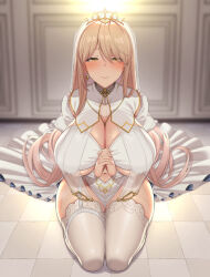 Rule 34 | 1girl, blonde hair, blush, breasts, cleavage, closed mouth, clothing cutout, diamond earrings, dress, earrings, hair between eyes, headpiece, highres, indoors, jewelry, kneeling, large breasts, long hair, looking at viewer, navel, navel cutout, nijisanji, nui sociere, nui sociere (6th costume), nun, official alternate costume, own hands together, sitting, smile, solo, sweat, thighhighs, very long hair, veryhardloco, virtual youtuber, white dress, white thighhighs, yellow eyes