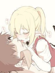 Rule 34 | 1boy, 1girl, asutora, blonde hair, blush, colored eyelashes, commentary, flandre scarlet, french kiss, gag, hair between eyes, half-closed eyes, hetero, improvised gag, kiss, long hair, open mouth, pointy ears, red eyes, red vest, shirt, short sleeves, side ponytail, tape, tape gag, tongue, tongue out, touhou, ungagged, vest, white shirt