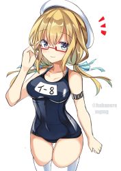 Rule 34 | 1girl, ^^^, adjusting eyewear, black one-piece swimsuit, blonde hair, breasts, cowboy shot, fathom, glasses, hat, highres, i-8 (kancolle), kantai collection, large breasts, long hair, low twintails, name tag, one-piece swimsuit, peaked cap, red-framed eyewear, school swimsuit, semi-rimless eyewear, shiny clothes, simple background, solo, swimsuit, thigh gap, thighhighs, twintails, twitter username, under-rim eyewear, white background, white hat, white thighhighs