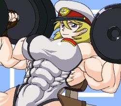 Rule 34 | 00s, 1girl, abs, blonde hair, blue eyes, breasts, dumbbell, exercising, extreme muscles, female focus, gundam, gundam seed, hat, leotard, lowres, muscular, ren (tainca2000), smile, solo, talia gladys, weightlifting, weights