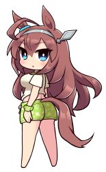 Rule 34 | ahoge, animal ears, blue eyes, brown hair, chibi, clothing cutout, commentary request, ear ornament, full body, gaze on me! outfit (umamusume), green shorts, hair between eyes, highres, horse ears, horse girl, horse tail, looking at viewer, mihono bourbon (umamusume), scrunchie, shirt, short sleeves, shorts, silver hairband, simoyuki, simple background, tail, tail through clothes, tied shirt, umamusume, white background, white shirt, wrist scrunchie