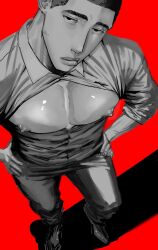 Rule 34 | 1boy, bare pectorals, breast cutout, buzz cut, closed mouth, fukatsu kazunari, full body, greyscale, greyscale with colored background, hands on own hips, highres, looking at viewer, mac 3070, male focus, monochrome, nipples, open clothes, open shirt, pants, partially unbuttoned, pectorals, perspective, puffy nipples, red background, short hair, slam dunk (series), solo, veins, very short hair
