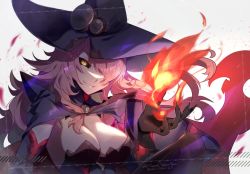 Rule 34 | 1girl, artist name, black gloves, black sclera, blazblue, blazblue: central fiction, breasts, cleavage, colored sclera, dated, detached sleeves, dress, fire, gloves, hair over one eye, hat, konoe a. mercury, large breasts, long hair, looking at viewer, magic, parted lips, pink hair, signature, simple background, smile, solo, twitter username, witch hat, yellow eyes, youmicitrustea