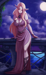 Rule 34 | 1girl, bare shoulders, blonde hair, breasts, cloud, commentary, dress, final fantasy, final fantasy xiv, highres, hip focus, large breasts, long hair, looking down, moon, night, pointy ears, purple dress, raichiyo33, railing, red eyes, smile, solo, tattoo, thighs