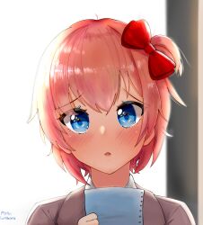 Rule 34 | 1girl, artist name, blazer, blue eyes, blush, bow, brown jacket, close-up, commentary, doki doki literature club, dress shirt, english commentary, eyelashes, hair between eyes, hair bow, highres, holding, holding paper, jacket, looking at viewer, lovestruck, luikbelang, messy hair, paper, parted lips, pink hair, pixiv username, portrait, raised eyebrows, red bow, sayori (doki doki literature club), school uniform, shirt, short hair, short sidetail, solo, very short hair, white background, white shirt