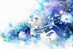 Rule 34 | 1girl, abstract, aji77, blue hair, blue theme, commentary, highres, new year, original, painting (medium), profile, smile, traditional media, watercolor (medium)