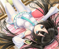 Rule 34 | 1girl, alternate hair color, bare shoulders, black hair, blue eyes, boots, carpet, detached sleeves, digital media player, hatsune miku, headphones, heart, heart-shaped pillow, holding, long hair, lying, necktie, norita, on back, pillow, skirt, solo, striped, thigh boots, thighhighs, twintails, very long hair, vocaloid, white thighhighs