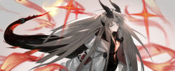 Rule 34 | 1girl, almmdal, arknights, armband, black sweater, blue eyes, closed mouth, cowboy shot, dragon girl, dragon horns, dragon tail, expressionless, flame-tipped tail, grey hair, highres, hood, hooded jacket, horns, infection monitor (arknights), jacket, light in heart, long hair, long sleeves, looking at viewer, open clothes, open jacket, reed (arknights), sideways glance, solo, sweater, tail, very long hair, white jacket