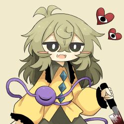 Rule 34 | black eyes, blood, blood stain, bloody knife, bloody weapon, blush, bright pupils, buttons, diamond (shape), diamond button, disembodied limb, fang, fang out, gloves, green hair, green skirt, heart, highres, holding, holding knife, holding weapon, knife, komeiji koishi, long sleeves, medium hair, ribbon, ribbon-trimmed clothes, ribbon-trimmed sleeves, ribbon trim, shaded face, shirt, short eyebrows, simple background, skirt, sleeves past wrists, smile, third eye, touhou, weapon, white gloves, white pupils, yellow ribbon, yellow shirt, zunusama