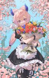 Rule 34 | 1girl, absurdres, apron, ba sha yu er, black skirt, black thighhighs, black wrist cuffs, blue background, blue flower, bouquet, bow, bow-shaped hair, bow legwear, branch, cowboy shot, dress, flower, frilled apron, frills, garter straps, genshin impact, hands up, head tilt, highres, holding, holding bouquet, looking at viewer, low ponytail, petals, pink flower, pink hair, pink rose, puffy short sleeves, puffy sleeves, purple eyes, red flower, red rose, rose, sangonomiya kokomi, short dress, short sleeves, skirt, smile, solo, thighhighs, weibo logo, weibo watermark, white apron, white bow, wrist cuffs, yellow flower, yellow rose