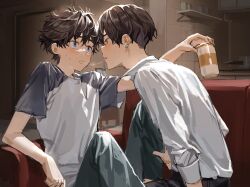 Rule 34 | 2boys, absurdres, after kiss, arm on another&#039;s shoulder, arm rest, beer can, black hair, blue eyes, blush, can, chamuring, drink can, ear piercing, eye contact, from behind, from side, hanagaki takemichi, hand on ankle, hand on another&#039;s leg, highres, holding, kiss, leaning forward, looking at another, male focus, matsuno chifuyu, multiple boys, pants, piercing, saliva, saliva trail, shirt, short sleeves, sitting, tokyo revengers, white shirt, yaoi