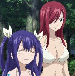 Rule 34 | 2girls, bikini, breasts, erza scarlet, fairy tail, highres, large breasts, multiple girls, screencap, stitched, swimsuit, tagme, third-party edit, wendy marvell, white bikini