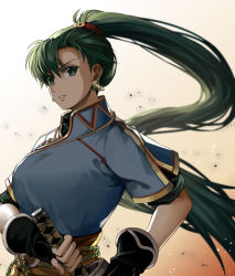Rule 34 | 1girl, asymmetrical bangs, black gloves, black undershirt, blue shirt, breasts, commentary request, delsaber, earrings, eyelashes, female focus, fingerless gloves, fire emblem, fire emblem: the blazing blade, gloves, gold trim, green eyes, green hair, hair between eyes, hair blowing, high ponytail, highres, holding, holding sword, holding weapon, jewelry, lens flare, long hair, looking at viewer, lyn (fire emblem), matching hair/eyes, medium breasts, nintendo, parted lips, sash, serious, shirt, short sleeves, solo, sword, undershirt, upper body, weapon