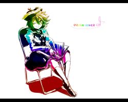 Rule 34 | 1girl, blonde hair, blush, book, chair, character name, crescent, female focus, harusame (unmei no ikasumi), hat, highres, letterboxed, lunasa prismriver, notebook, one eye closed, pen, rainbow gradient, simple background, sitting, sketch, smile, solo, touhou, white background, wink, yellow eyes