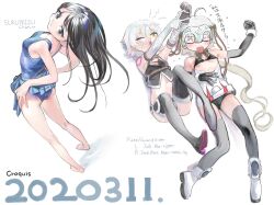Rule 34 | 3girls, ahoge, ass, bandaged arm, bandages, bare shoulders, barefoot, bikini, black bikini, black hair, black panties, blue one-piece swimsuit, blush, boots, breasts, closed eyes, crop top, dated, facial scar, fate/grand order, fate (series), full body, green eyes, green ribbon, grey eyes, hair ribbon, headpiece, highres, jack the ripper (fate/apocrypha), jeanne d&#039;arc alter santa lily (fate), kaede (shijie heping), leaning back, long hair, looking at viewer, lying, multiple girls, on back, one-piece swimsuit, one eye closed, open mouth, original, panties, revealing clothes, ribbon, scar, scar on cheek, scar on face, short hair, shoulder tattoo, sketch, small breasts, swimsuit, tattoo, thigh boots, underwear, white hair