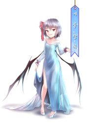 Rule 34 | 1girl, bare shoulders, bat wings, blue dress, breasts, collarbone, cosplay, dress, elsa (frozen), elsa (frozen) (cosplay), fang, frozen (disney), full body, hair between eyes, hair ribbon, high heels, highres, looking at viewer, minust, no headwear, off-shoulder dress, off shoulder, parted lips, red eyes, red ribbon, remilia scarlet, ribbon, shadow, short hair, side slit, silver hair, skirt hold, small breasts, smile, snowflake print, solo, standing, thighs, touhou, translation request, transparent background, white footwear, wings, wrist cuffs