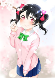 Rule 34 | 10s, 1girl, absurdres, black hair, blue skirt, blurry, blurry background, blurry foreground, blush, bow, cardigan, closed mouth, collared shirt, commentary request, depth of field, diagonal stripes, flower, green bow, hair between eyes, hair bow, hand up, highres, index finger raised, long sleeves, love live!, love live! school idol project, otonokizaka school uniform, pink cardigan, pleated skirt, red bow, red eyes, school uniform, segawa luna, shirt, skirt, sleeves past wrists, smile, solo, striped, striped bow, twintails, white flower, white shirt, yazawa nico