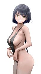 Rule 34 | 1girl, bare arms, bare legs, bare shoulders, black one-piece swimsuit, black slingshot swimsuit, bob cut, breasts, cleavage, collarbone, grin, highres, large breasts, looking at viewer, momaetoto, one-piece swimsuit, original, short hair, sideboob, simple background, slingshot swimsuit, smile, solo, standing, strap gap, swept bangs, swimsuit, teeth, upper body, white background, yellow eyes