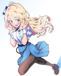 Rule 34 | 1girl, :d, ahoge, belt, black pantyhose, blue gemstone, blue skirt, blush, bow, brooch, brown footwear, buttons, crop top, dutch angle, eyebrows, gem, green eyes, hair bow, hair ribbon, hoshii miki, idolmaster, idolmaster (classic), jacket, jewelry, leg up, loafers, long hair, maru (sara duke), open clothes, open jacket, open mouth, pantyhose, polka dot, polka dot skirt, puffy short sleeves, puffy sleeves, ribbon, shirt, shoes, short sleeves, side slit, skirt, smile, solo, standing, standing on one leg, tareme, tress ribbon, unbuttoned, white bow, white shirt, wrist cuffs