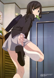 Rule 34 | 10s, 1girl, absurdres, adjusting clothes, adjusting shoe, bag, bag charm, black eyes, black hair, blouse, briefcase, card, charm (object), cross-laced footwear, from behind, fujii masahiro, highres, indoors, kneehighs, kneepits, looking at viewer, looking back, lostorage wixoss, mel (wixoss), miniskirt, morikawa chinatsu, mouth hold, official art, putting on shoes, scan, school bag, school briefcase, school uniform, shirt, shoe soles, shoes, short hair, skirt, socks, solo, standing, standing on one leg, white shirt, white socks, wixoss