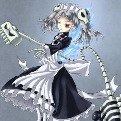 Rule 34 | 1girl, apron, artist request, bloody marie (skullgirls), bone, hair ornament, headdress, highres, maid, maid apron, maid headdress, pointing, red eyes, skeleton, skirt, skull hair ornament, skullgirls, solo, thighhighs, torn clothes, uniform, vacuum cleaner, white thighhighs