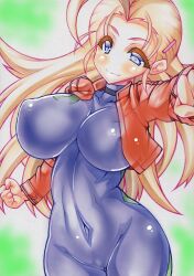 Rule 34 | 1girl, ahoge, blonde hair, blush, bodysuit, breasts, clenched hands, closed mouth, collarbone, commentary request, covered erect nipples, covered navel, curvy, furinji miu, hair ornament, hairclip, jacket, large breasts, long hair, long sleeves, looking at viewer, parted bangs, purple bodysuit, purple eyes, red jacket, shijou saikyou no deshi ken&#039;ichi, smile, solo, standing, taut bodysuit, yutakasan-love