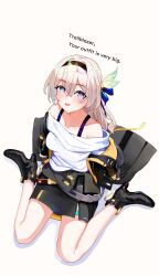 Rule 34 | 1girl, :d, agino, bare shoulders, belt, black footwear, black hairband, black jacket, black skirt, boots, bra strap, breasts, commentary, firefly (honkai: star rail), grey hair, hair ornament, hairband, high heel boots, high heels, highres, honkai: star rail, honkai (series), jacket, long hair, looking at viewer, medium breasts, miniskirt, off-shoulder shirt, off shoulder, open mouth, purple eyes, shirt, simple background, sitting, skirt, smile, solo, wariza, white background, white shirt