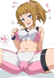 Rule 34 | 1girl, :d, bike shorts, blue eyes, blush, breasts, brown hair, commentary request, gundam, gundam build fighters, gundam build fighters try, haruhisky, highres, hoshino fumina, large breasts, looking at viewer, midriff, multicolored sports bra, navel, open mouth, pink shorts, pink sports bra, ponytail, shorts, simple background, sitting, smile, solo, sports bra, tongue, torn bike shorts, torn clothes, translation request, two-tone shorts, two-tone sports bra, white background, white shorts, white sports bra