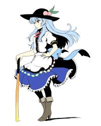 Rule 34 | 1girl, blue hair, boots, food, fruit, hat, high heel boots, high heels, hinanawi tenshi, isaki (gomi), long hair, pantyhose, peach, planted sword, planted, puffy short sleeves, puffy sleeves, red eyes, sash, shirt, short sleeves, skirt, solo, sword, sword of hisou, touhou, very long hair, weapon