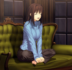 Rule 34 | 1girl, :d, ^ ^, aozaki aoko, breasts, brown hair, closed eyes, couch, closed eyes, female focus, game cg, green upholstery, koyama hirokazu, large breasts, long hair, mahou tsukai no yoru, official art, open mouth, ribbed sweater, sitting, smile, solo, sweater, tufted upholstery, turtleneck