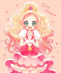 Rule 34 | 1girl, :d, blonde hair, blush, bow, character name, cowboy shot, cure flora, earrings, flower earrings, gloves, go! princess precure, gradient hair, green eyes, haruno haruka, jewelry, long hair, looking at viewer, magical girl, multicolored hair, open mouth, pink background, pink bow, pink hair, pink skirt, pink theme, polka dot, polka dot background, precure, skirt, smile, solo, star (symbol), star in eye, streaked hair, symbol in eye, two-tone hair, uzuki aki, waist bow, white gloves