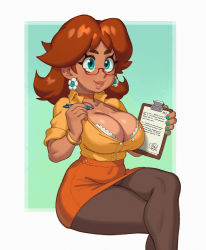 Rule 34 | 1girl, alternate costume, blue eyes, bracelet, breasts, brown hair, choker, cleavage, clipboard, crossed legs, curvy, earrings, flower earrings, freckles, glasses, highres, holding, jewelry, large breasts, legs, looking at viewer, mario (series), nail polish, nintendo, office lady, pantyhose, pen, pencil skirt, princess daisy, riz, shiny skin, sitting, skirt, smile, solo, super mario land, teacher, thick thighs, thighs, upskirt