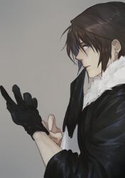 Rule 34 | 1boy, black gloves, black jacket, blue eyes, brown hair, earrings, final fantasy, final fantasy viii, from side, fur-trimmed jacket, fur trim, glove in mouth, gloves, grey background, highres, jacket, jewelry, long sleeves, male focus, mouth hold, nini tw99, putting on gloves, short hair, simple background, solo, squall leonhart, stud earrings